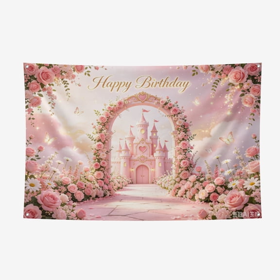 Pink Castle Flowers Photography Background Fantasy Fairy Tale Wonderland Background Pink Princess Castle Backdrop Girl Baby Kids Birthday Wedding Baby Shower Party Banner