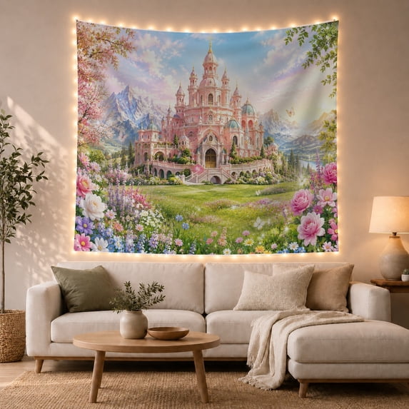 Pink Castle on Hill with Garden and Mountains Whimsical Fantasy for Fantasy Lovers Enchanting Wall Decor Art, Birthday Gift, Tapestry Wall Hanging for Bedroom and Dorm