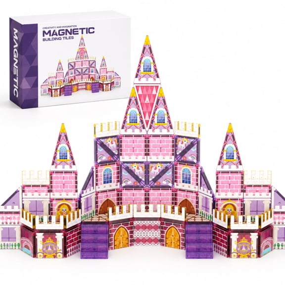 Pink Castle Magnetic Tiles Building Set 58/90 PCS STEM Construction Gift for Girls and Boys