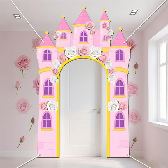 Pink Castle Photo Door Banner 5.2x8.6 Ft Princess Castle Birthday Party Decorations Large Princess Theme Background Hanging Porch Banner Backdrop for Pink Birthday Party Supplies