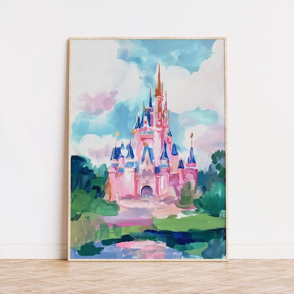 Pink Castle Poster: Whimsical Pastel Fantasy Art, Stretched Canvas Size 16x24