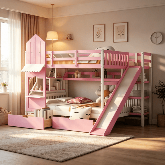 Pink Castle Style Bunk Bed with Slide, Storage Drawers and Shelves for Full Size Mattress, Space Saving Loft Bed for Shared Bedrooms and Dorm Rooms