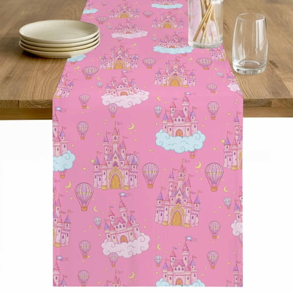 Pink Castle Table Runner - 36 Inch Long Balloon Modern Art Star Moon Cotton and Linen Blended Dress Scarves Farmhouse Table Runner for Kitchen Dining, Coffee Table, 13" x 36"