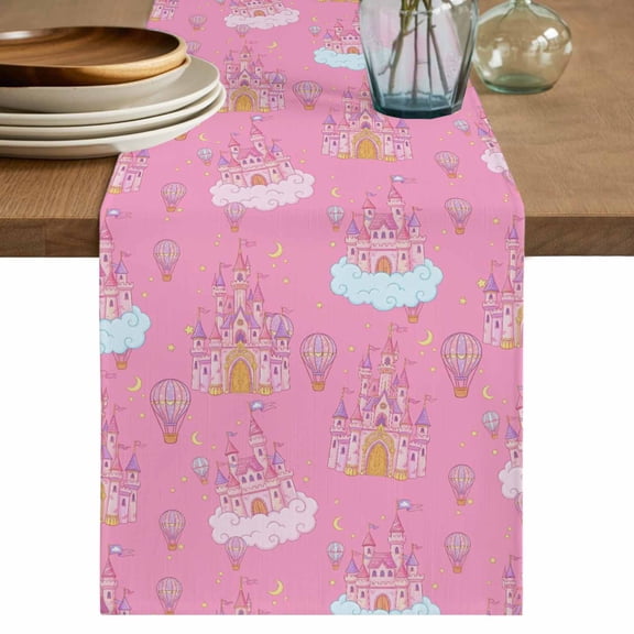 Pink Castle Table Runner, Balloon Modern Art Star Moon Washable Cotton Linen Table Runners 36 Inches Long, Dresser Scarf Runner for Nightstand/End Tables/Round Tables 13''x36''