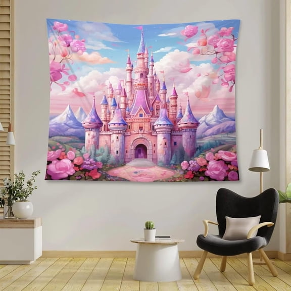 Pink Castle Tapestry Fantasy Fairy Tale Wonderland Botanical Flower Princess Castle Tapestries for Nursery Boys Girls Bedroom Dorm Living Room Decor 60x90in