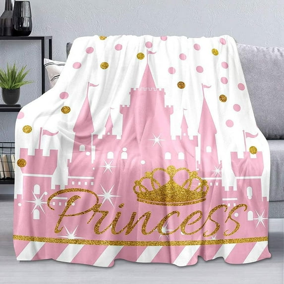 Pink Castle Throw Blanket, Gold Glitter Crown Polka Dot Princess Baby Girl Blanket, Toddler Kids Blanket, Cozy Warm Soft Lightweight Fuzzy Flannel Fleece Blanket for Couch, Sofa, 50"x60"
