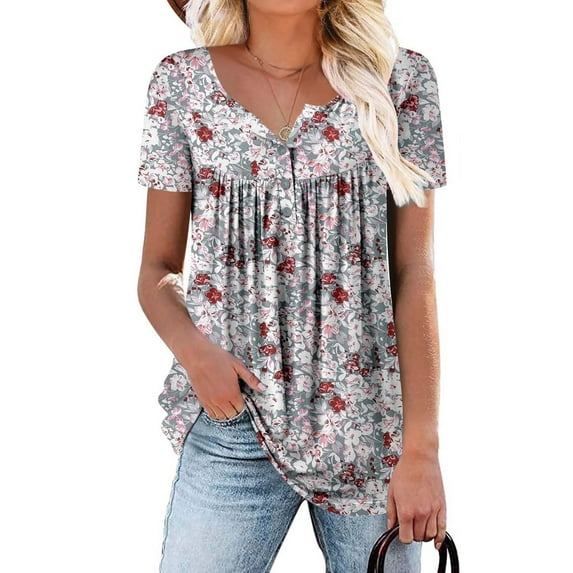 Pink Casual Blouses for Women, Polyester Summer Outfits for Women, Short Sleeve Shirts for Women Trendy Summer, Shirts for Women Loose Fit, Floral Weekend Flower Spring Tops for Women 2024 Trendy