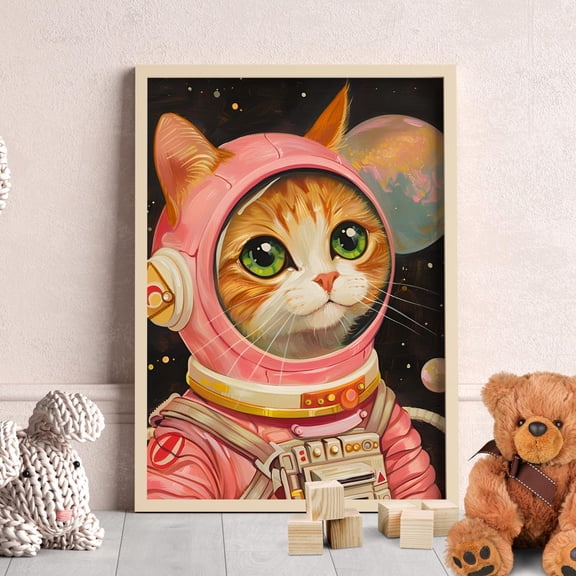 Pink Cat Astronaut Wall Art, Retro Whimsical Space Cat Decor, Stretched Canvas Size 12x18