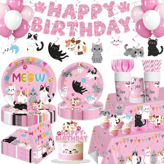 Pink Cat Birthday Decorations, Complete Paper Tableware Set Includes 350gsm Plates 24 Cupcake Toppers and 2 Waterproof Tablecloths