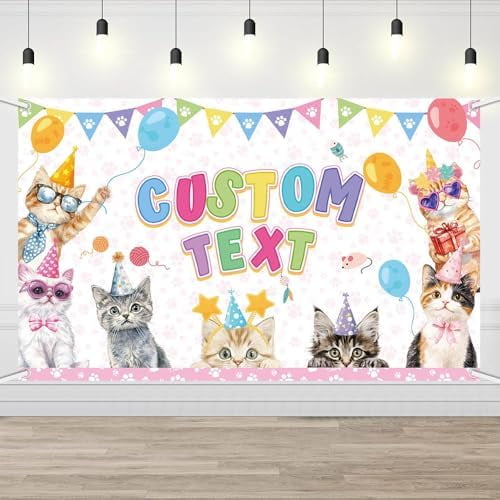 Pink Cat Custom Backdrop Lets Pawty Personalized Cat Theme Party Banner ...