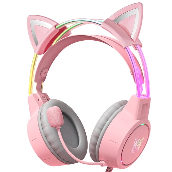 Pink Cat Ear Gaming Headphone for Girls, Wired Over-Ear Headphones with RGB Lights & Microphone, PC PS5 PS4 Xbox Switch