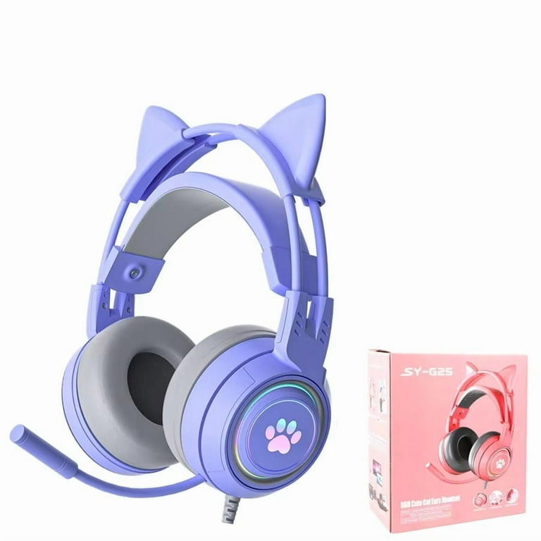 Pink Cat Ear Gaming Headset With RGB LED Mic Wired Bluetooth
