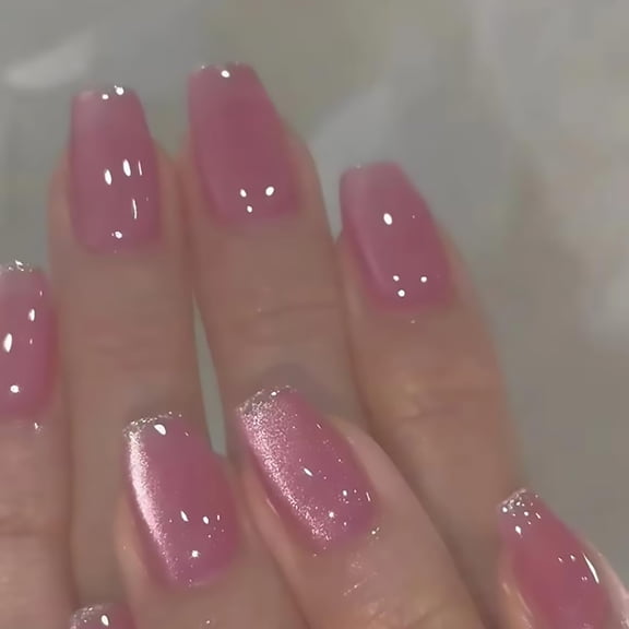 Pink Cat Eye Medium Coffin Press-On Nails, 24 Pcs Glitter Full Cover Reusable Glossy False Nails