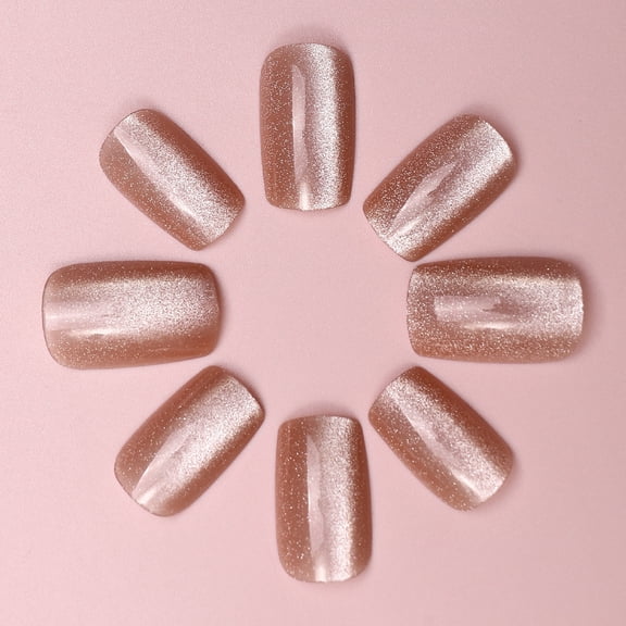 Pink Cat Eye Press On Nails Minimalist Charm Whitening Effect Removable Fake Nails Set Halloween Christmas Gift