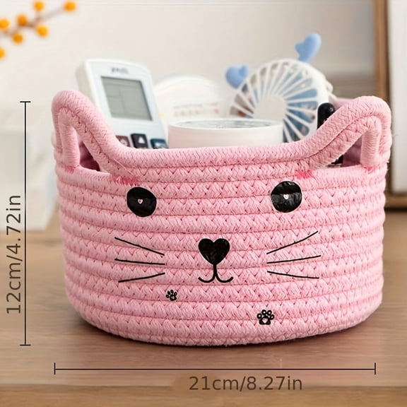 Pink Cat-Face Storage Basket,Charming Cat-Face Storage Basket – Woven Cotton, Space-Saving Organizer for Dorms, Bedrooms & Offices – Multi-Functional Desktop Sorter for Daily Use
