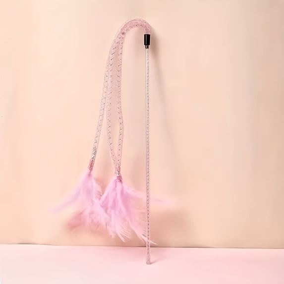 Pink Cat Feather Wand with Long Rod and Braided Rope, Interactive Toys for Indoor Cats