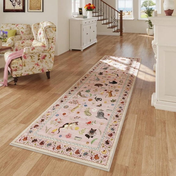 Pink/Cat Floral Boho Non-Slip Runner Rug, 2x5 Ft Low Pile Washable Hallway Entryway Carpet