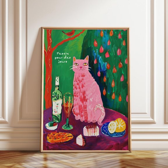 Pink Cat French Typography Feast Table Scene Artwork, Stretched Canvas 8x10in