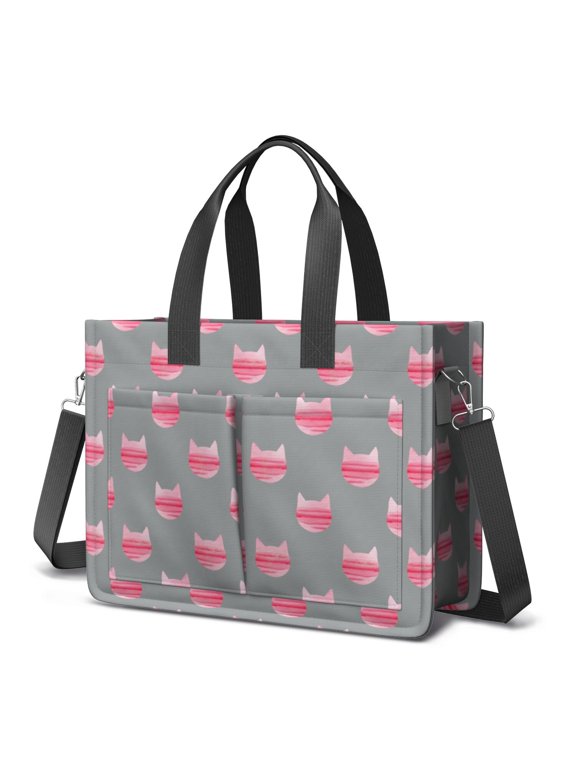 Pink Cat Head Gray Pattern Canvas Messenger Tote Bag, Nurse Handbag with Multi Pockets & Removable Strap, Magnetic Closure Gifts for Women Men Teacher Nurse