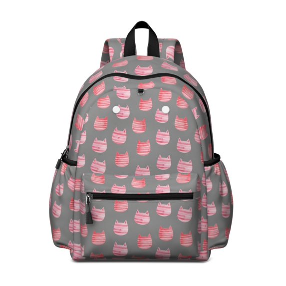Pink Cat Head Gray Pattern Cute School Backpack with Padded Back and Adjustable Shoulder Straps 13.4"x11"x4.7"