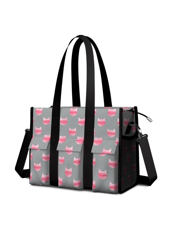 Pink Cat Head Gray Pattern Utility Tote Bag, Office Commuter Tote with Multi Pockets & Removable Strap, Polyester Fabric Gifts for Work School Travel