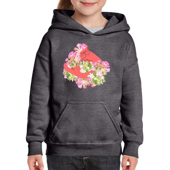 Pink Cat Hugging Flowers Hoodie Juniors -Image by Shutterstock, Medium