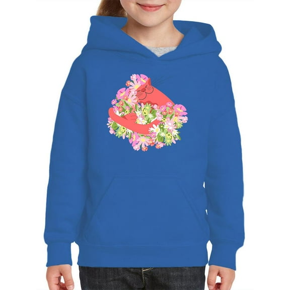 Pink Cat Hugging Flowers Hoodie Juniors -Image by Shutterstock,  Small