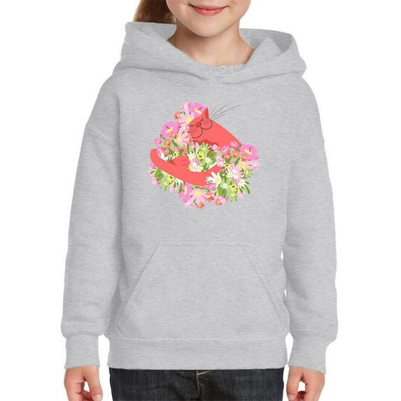 Pink Cat Hugging Flowers Hoodie Juniors -Image by Shutterstock, x-Large