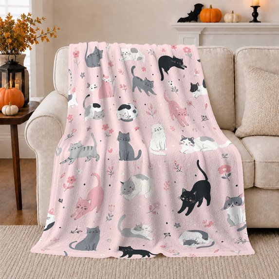 Pink Cat Pattern Cute Feline, Playful Pet Portrait Pattern, Warm Flannel Blanket for Living Room and Bedroom, Cat Lovers Valentine's Day Gift, Pet Lover Home Decor