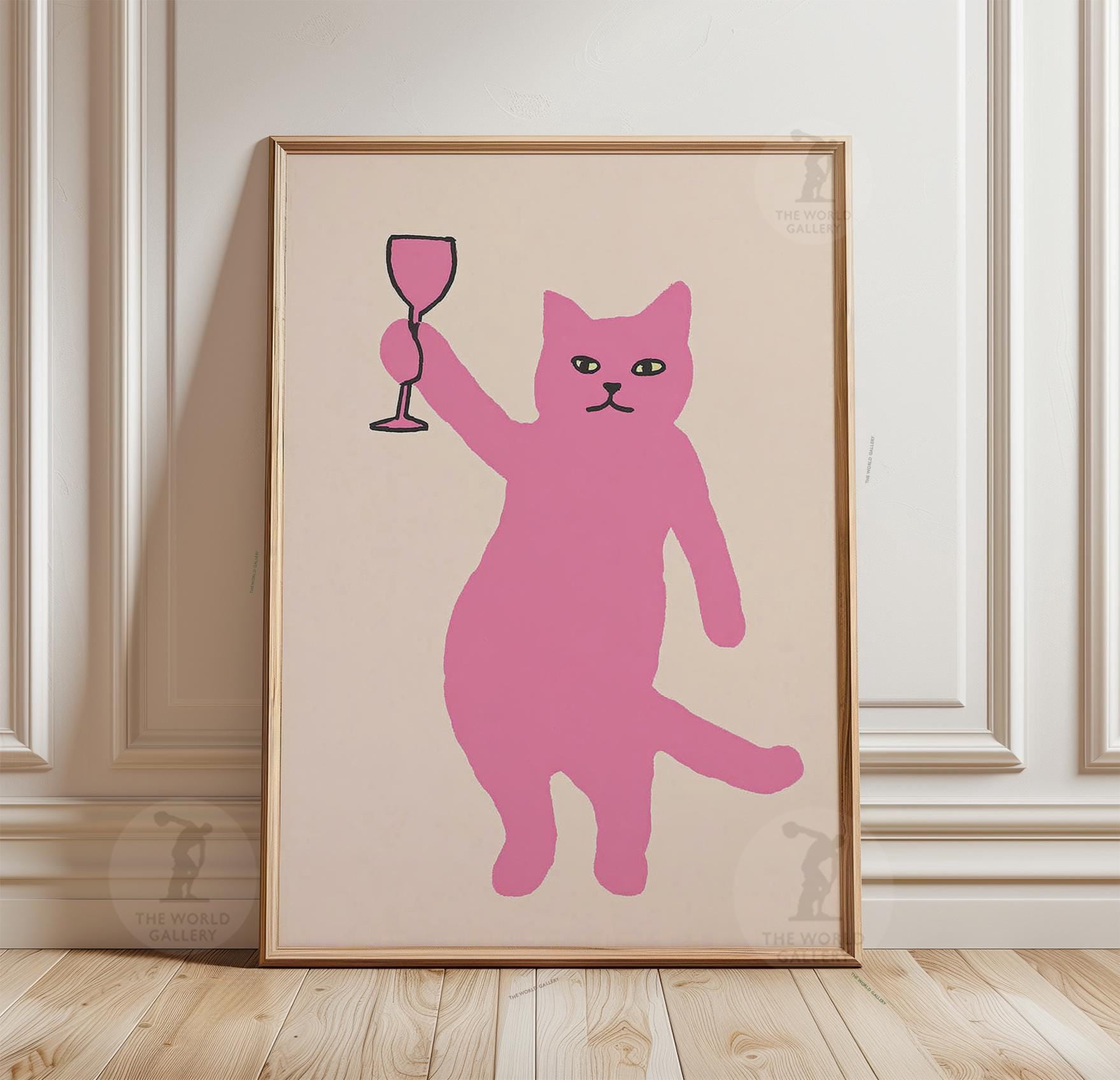 Pink Cat Poster Minimalist Cat Illustration Naive Animal Line Art Home ...