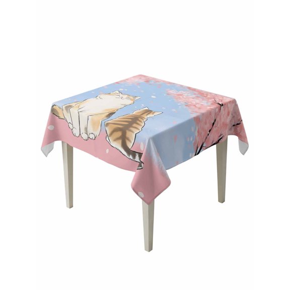Pink Cat Table Cloth, Waterproof Tablecloth for Square Tables, Spring Cherry Blossoms Botanical Blue Sky Reusable Washable Fabric Table Cover for Restaurant Kitchen Dining Tables 54"x54"