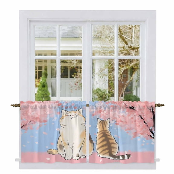 Pink Cat Tier Curtains 24 Inch Length, Spring Cherry Blossoms Botanical Blue Sky Cafe Short Curtains for Bathroom Over Sink, Small Kitchen Curtain Light Filtering Tiered Drapes 2 Panels 27.5"Wx24"L