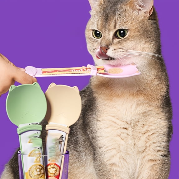 Pink Cat Treat Feeder - Squeeze Spoon - Shaped Feeding Tool For Liquid Nutritional Strips - Cat Owners' Easy To Use Pet Feeding Device For Daily Feline Nutrition