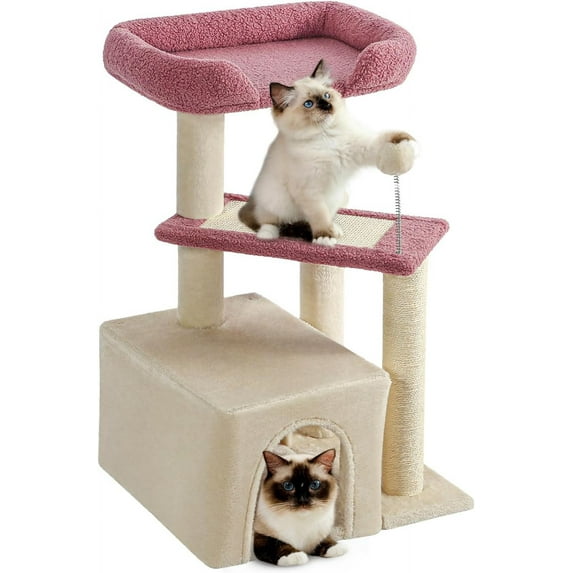 Pink Cat Tree, Carpet Cat Tower Grey for Indoors Cats, Cute Wood Kitty Condo with Scratching Post and Pad, 29" Multi-Level Modern Activity Climbing Furniture for Small and Medium Cats