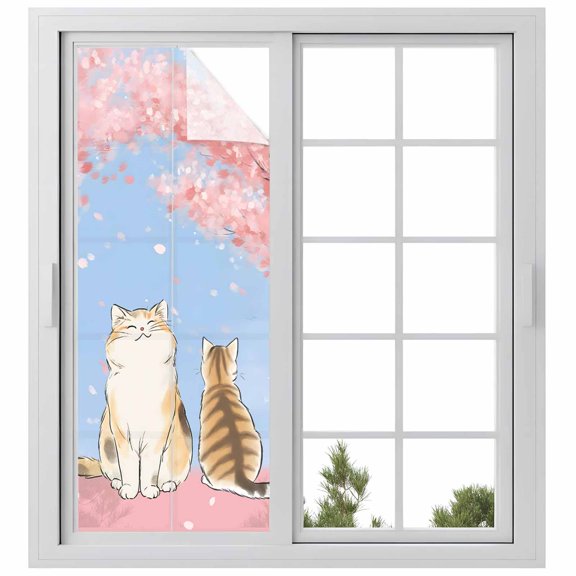 Pink Cat Window Privacy Film, Spring Cherry Blossoms Botanical Blue Sky Static Cling UV Sun Blocking Heat Control Window Tint Day and Night, Non-Adhesive One Way Windows Privacy Cover 23.6''x59''