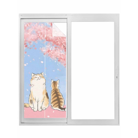 Pink Cat Window Privacy Film, Spring Cherry Blossoms Botanical Blue Sky Static Cling UV Sun Blocking Tint Film Heat Control Windows Films for Bedroom Bathroom, Window Stickers 17.7"x39.3"