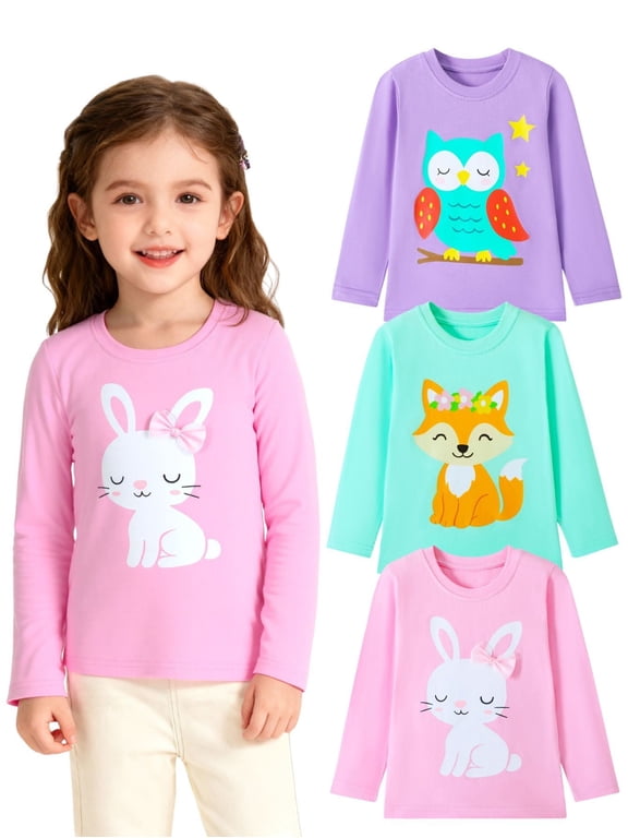 2-7 Toddler/Little Girls Pink/Mint/Purple Bunny Fox Owl Cute Spring Animal Print 100% Cotton Tee 3