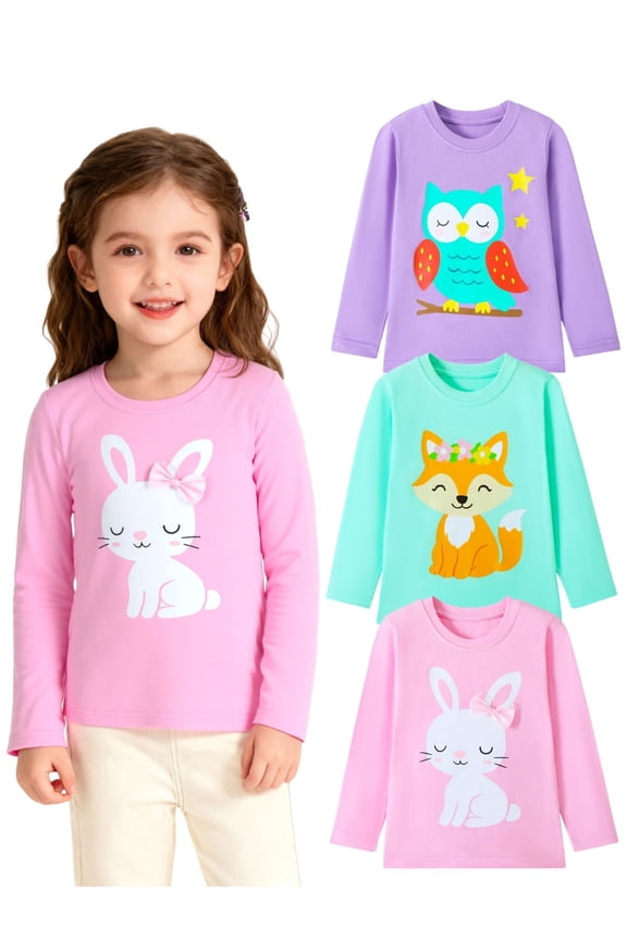 Toddler Girls Long Sleeve T Shirts 3 Pack – 100% Cotton Casaul Pink Blue Purple Bunny Fox Owl Cute Graphic Tees for Fall Winter Everyday Layering & Play Tops 5T