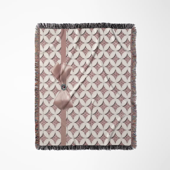 Pink Cathedral Window Quilt Design With Ribbon, Bow, And Jewel, Woven Blanket