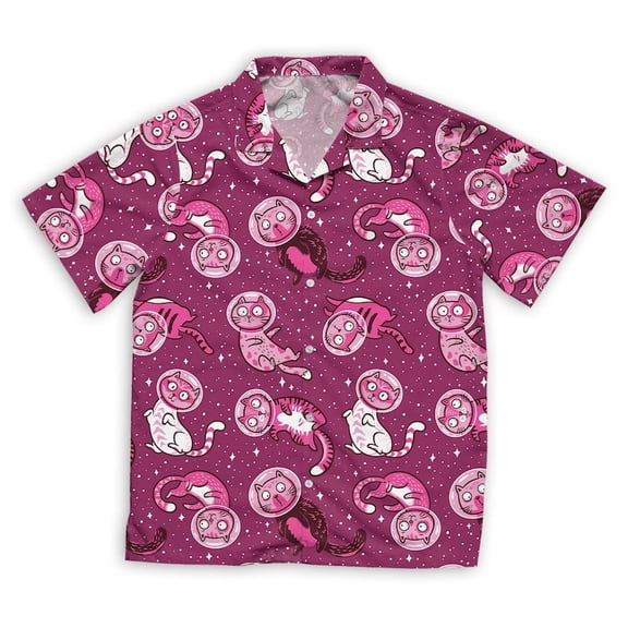 Pink Cats In Space Hawaiian Shirt, Summer Aloha Beach Shirt, Unisex Button Down Short Sleeve Shirts, Summer Shirt, Family Hawaiian Shirt