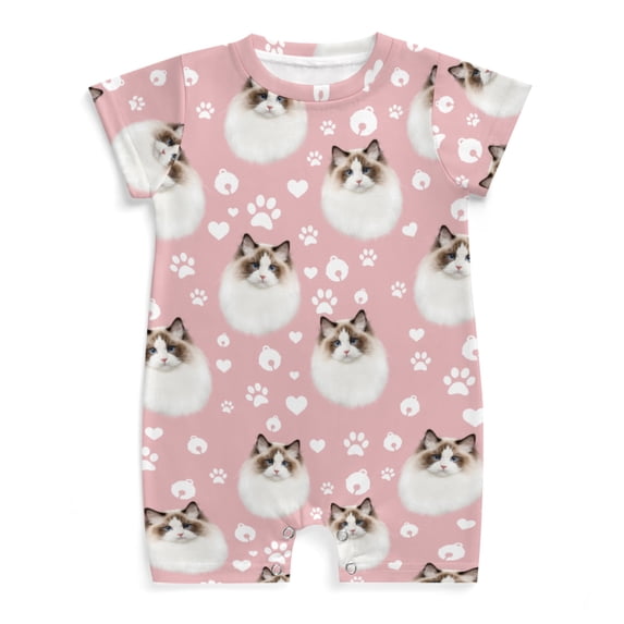 Pink Cats Love Paws Infant Romper One Piece for Baby Girl Cute Ragdoll Cats Paws Love Onesie Short Sleeve Summer Clothes