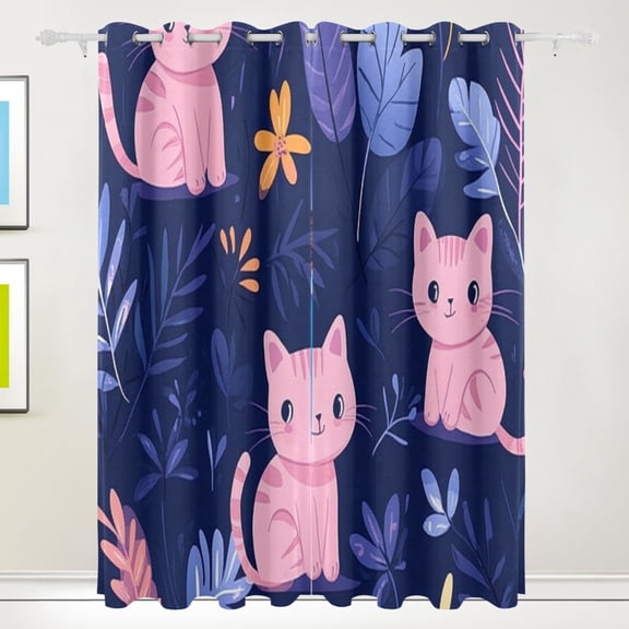 Pink Cats on Purple Blackout Curtains for Living Room Bedroom 55W x 72/84L Insulated Window Drapes 2 Panels