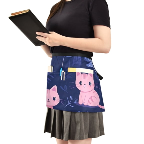 Pink Cats on Purple Server Apron with 3 Pockets Waist Apron for Waiter Waitress