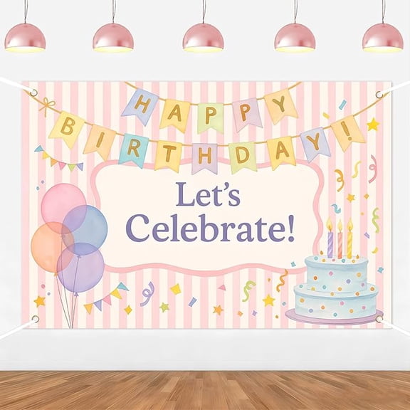 Pink Let's Celebrate Happy Birthday Backdrop Vibrant Striped Colorful Balloons and Cake Banner for Girls Women Any Age Birthday Party Decorations Supplies 5*3ft