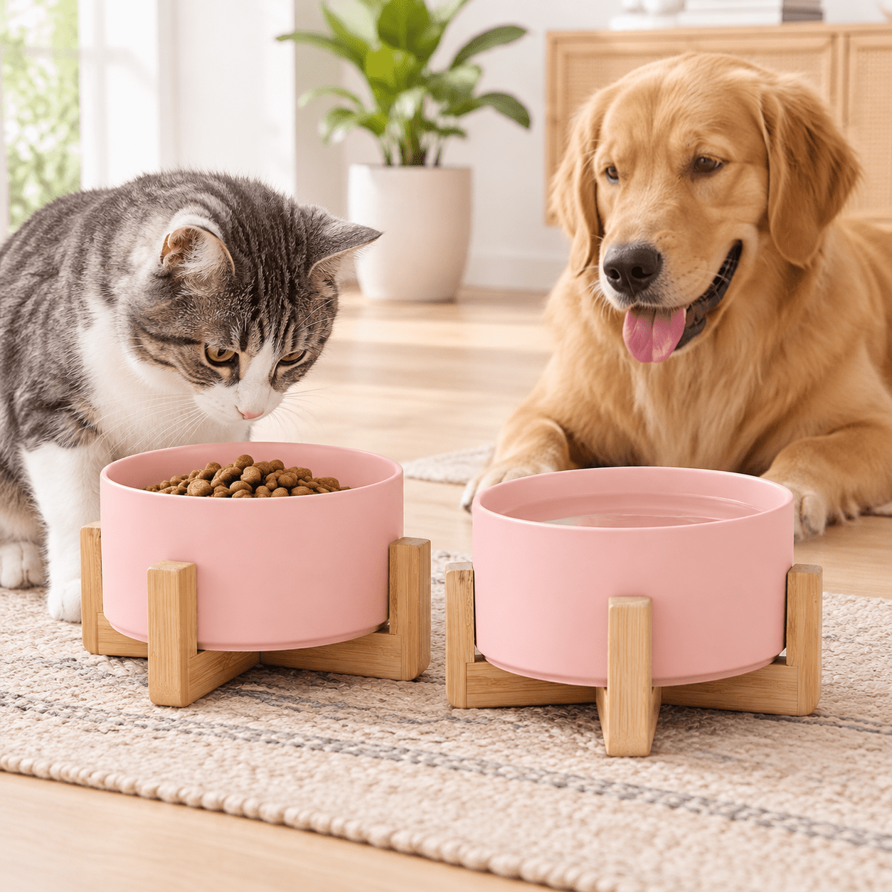 Pink Ceramic Dog Cat Bowl Set With Stand And Water Dish Medium Anti ...