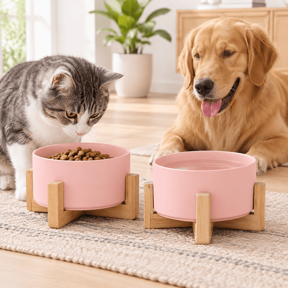 Pink Ceramic Dog Cat Bowl Set With Stand And Water Dish Medium Anti ...