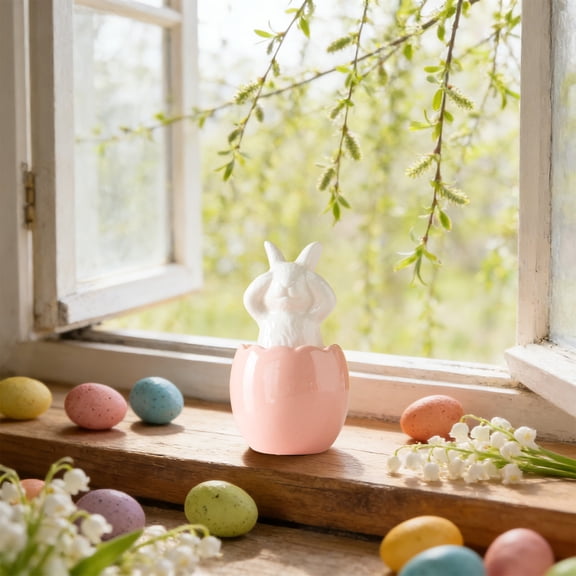 Pink Ceramic Easter Bunny in Egg Shell Ornament - Collectible Figurine, Hand-Painted Home Decor & Gift