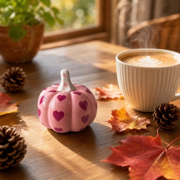 Pink Ceramic Heart Print Pumpkin Decor,Glossy Valentines Fall Tabletop Figurines,Autumn Creative Porcelain Pumpkin Table Decor for Mantel Window Sill Thanksgiving Farmhouse Indoor Home