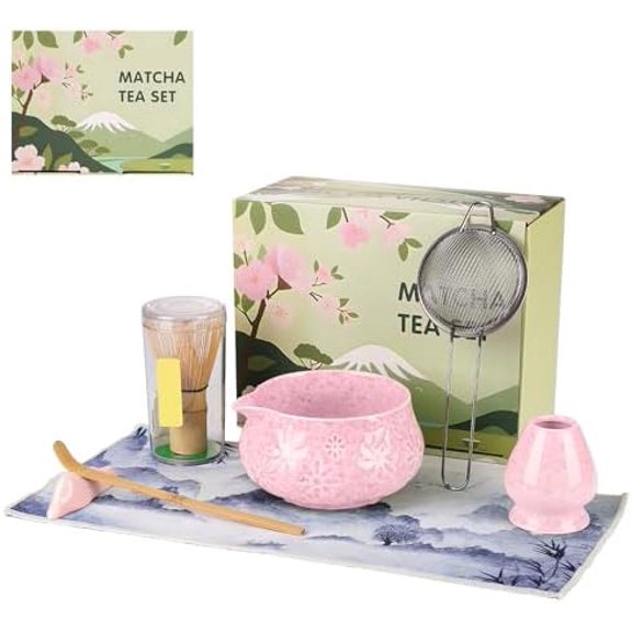 Pink Ceramic Matcha Set with Bowl, Whisk & Sifter Tool - Complete Starter Kit for Tea Lovers, Gifts for Women (Pink)
