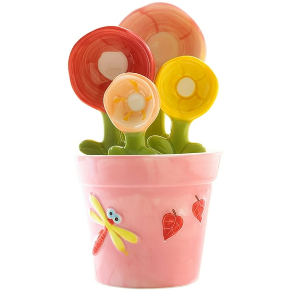 Flower Measuring Spoons Set in Pot Unique Baking Gifts Ceramic Cute Measuring Cups and Spoons with Holder for Dry Wet Ingredients Dishwasher Safe Pink